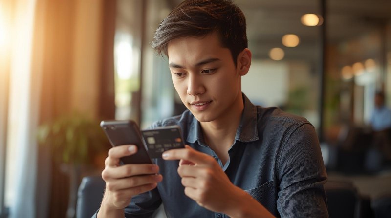 Nasabah Bank Sinarmas sedang menggunakan kartu kredit untuk bertransaksi di kasir sambil menikmati promo diskon dan cashback belanja.