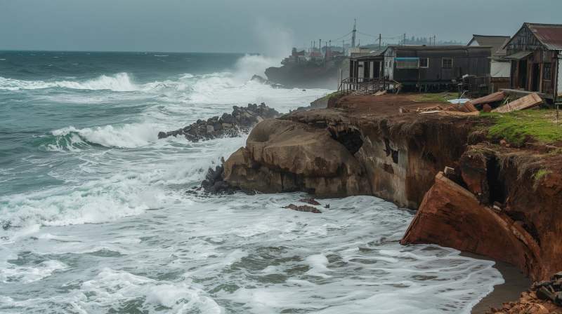 Abrasi Bengkulu Barat Ancam Permukiman Warga, garis pantai Bengkulu yang terkikis ombak besar di bawah langit mendung