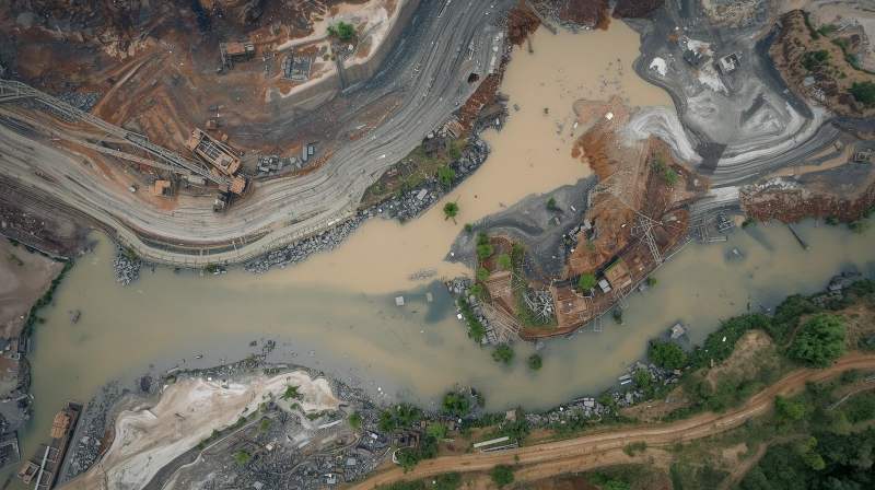 ilustrasi Sungai di Bengkulu Tengah dengan air keruh akibat aktivitas penambangan di sekitarnya, menunjukkan dampak nyata terhadap lingkungan.