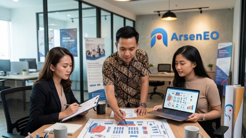 Tim event organizer Jakarta Barat yang profesional sedang berdiskusi merencanakan rundown dan vendor acara.