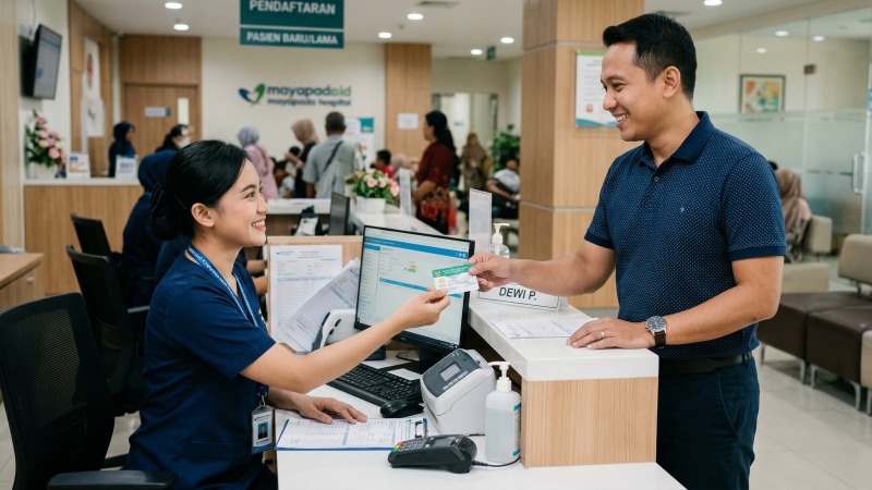 Pasien pria Indonesia memberikan kartu asuransi kesehatan cashless kepada petugas administrasi rumah sakit untuk rawat jalan.