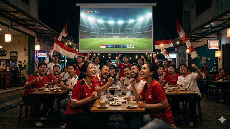 Kemeriahan fans sepak bola saat acara nobar Piala Dunia 2026 di kafe terbuka.