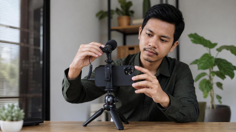 Content creator menggunakan microphone eksternal dengan smartphone