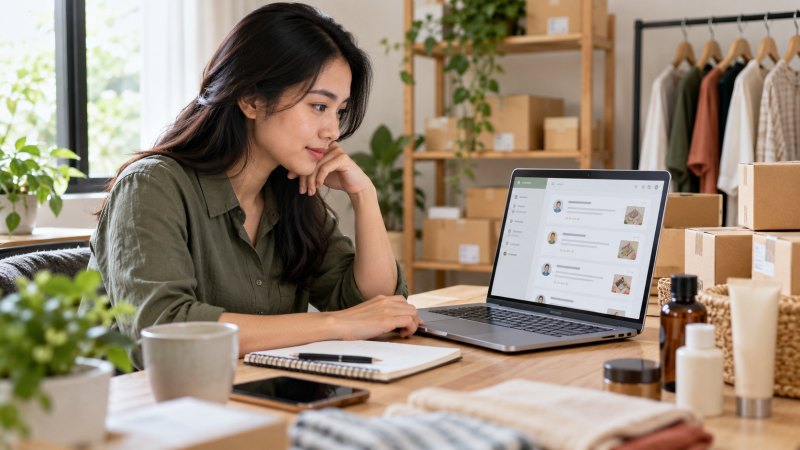Penjual toko online meninjau ulasan pelanggan melalui laptop